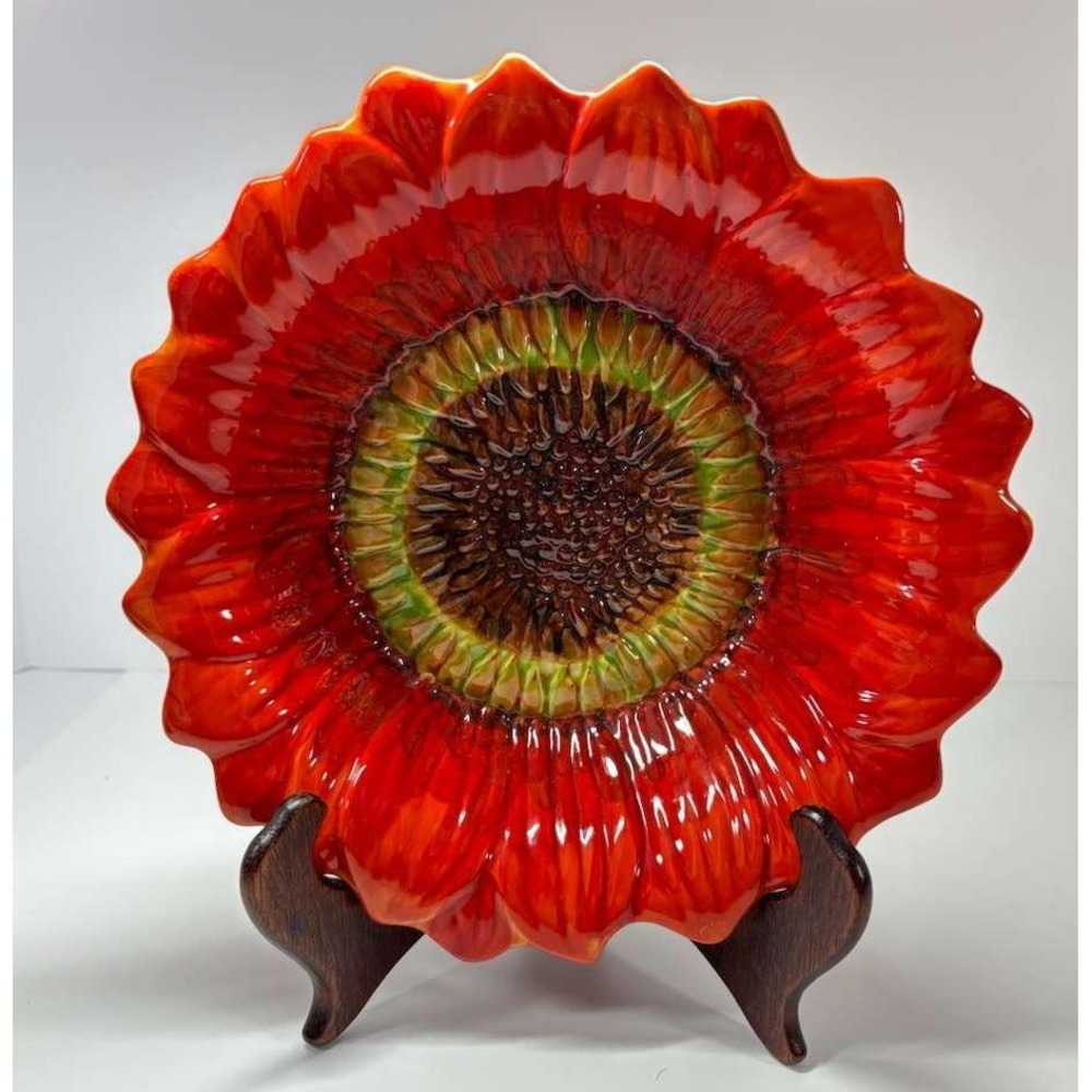 Golden Sunflower Ceramic‎ Glazed Serving Bowl 9" Diameter Red And Gold Color